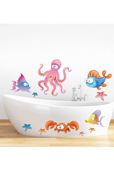 Tilki Dünyası Autocolant pentru baie pentru cabină de duș cu pești colorați și caracatiță DSKBN00020