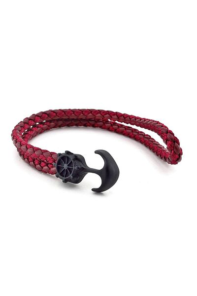 Solfera Men's Black Metal Anchor Claret Red Bracelet BT256