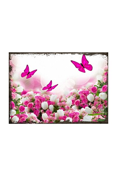 Cakatablo 50cmX70cm Ahşap Tablo Pembe Beyaz Güller Kelebek
