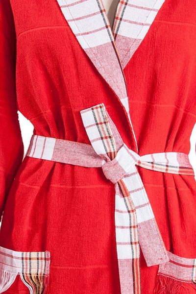 Bedinn Peshtemal Towel Bathrobe Kimono Collar Plaid Red