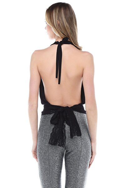 Quincey Γυναικεία μπλούζα μαύρη γραβάτα με λαιμό και μέση BDE2466