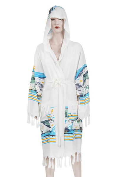 Bedinn Peshtemal Bathrobe Bamboo Printed Hooded Aquarium