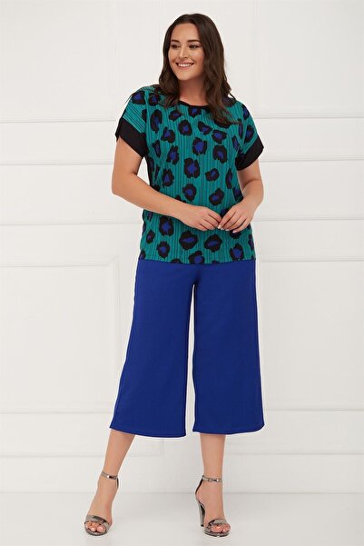 Seamoda Plus Size Leopard Pattern 4 Seasons Mom Comfort Casual Blouse-Turquoise