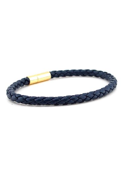 Solfera Men's Navy Blue Knit Leather Yellow Clip Thin Bracelet Bt522