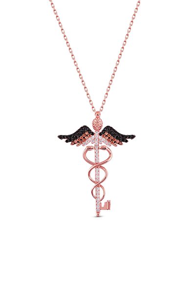 SUNSHINE 925 Ayar Rose Kaplamalı Melek Kanatlı Kadüse Sembolü Gümüş Kolye