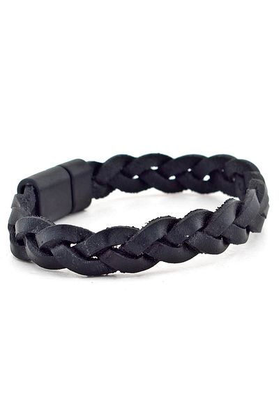 Solfera Men's Original Black Leather Braided Black Magnet Bracelet BT513