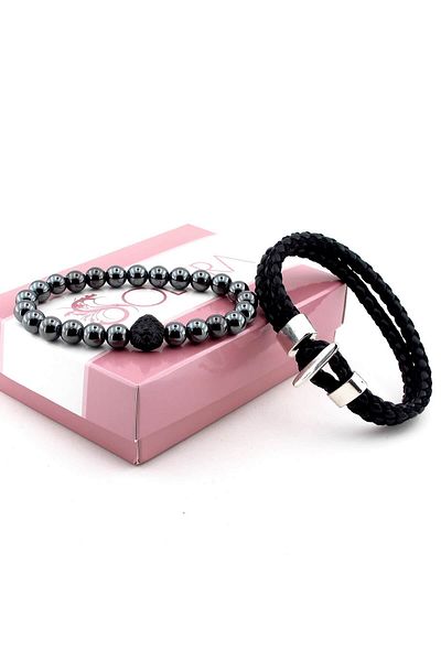 Solfera Men's Hematite Natural Stone and Leather Bracelet Bk030