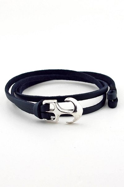 Solfera Men's Double Sira Wrap Navy Blue Leather Anchor Bracelet Bt376