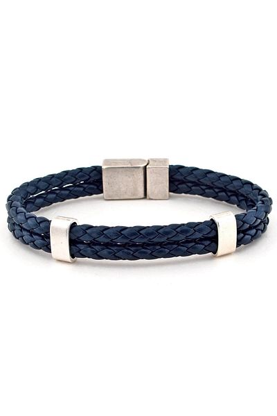 Solfera Men's Navy Blue Leather Double Row Metal Magnet Bracelet BT526