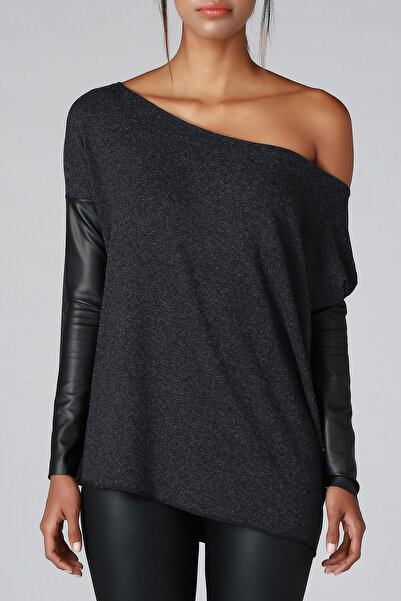 Quincey Women's Smoked Leather Sleeve Detail Knitwear Sweater BD2288