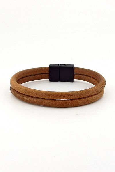 Solfera Men's Double Sira Tan Genuine Leather Black Clip Bracelet Bt378