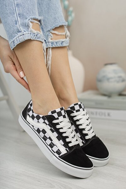 Riccon Kareli Siyah Beyaz Unisex Sneaker