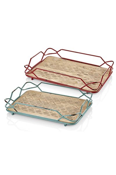 Cemile Colorful Wooden Patterned 2-Piece Tray 44-39 Cm