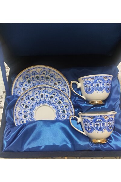 Su Sanat Evi İkili Porselen Türk Kahvesi Fincanı Mavi Beyaz