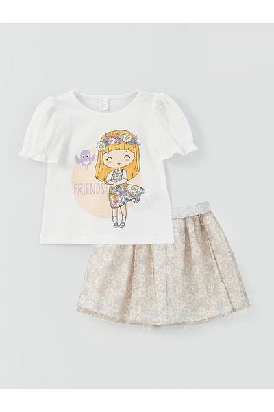 LC Waikiki Crew Neck Printed Baby Girl T-Shirt and Skirt Set of 2