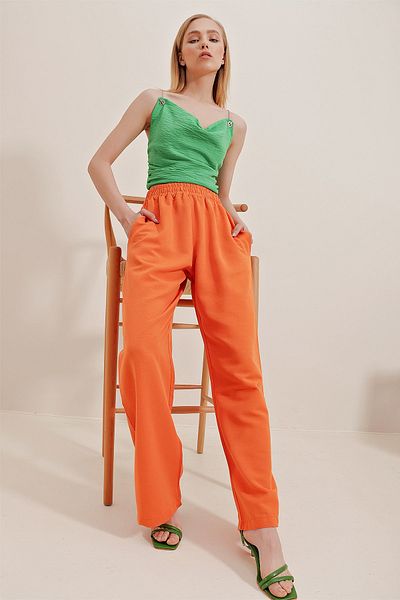 Trend Alaçatı Stili Pantaloni de damă portocaliu cu talie elastică cu buzunar dublu Palazzo din in ALC-X10017
