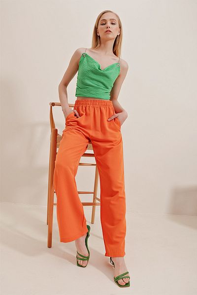 Trend Alaçatı Stili Pantaloni de damă portocaliu cu talie elastică cu buzunar dublu Palazzo din in ALC-X10017