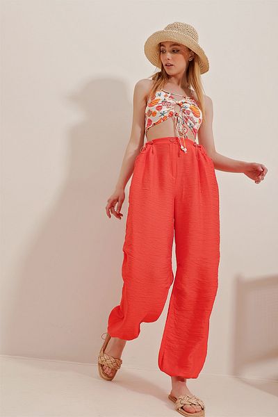 Trend Alaçatı Stili Orangefarbene Aerobin-Leinenhose mit zwei Taschen für Damen ALC-X10283