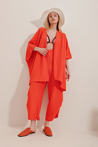 Trend Alaçatı Stili Női narancssárga lábú, hasított, saját textúrájú nadrág és dzseki dupla szett ALC-752-001