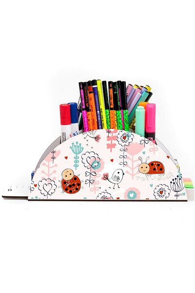 kutuTR Wooden Vip Mini Animals Rainbow Ruled Desktop Pen Holder Organizer with Assembled Box