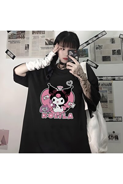 MECH BUTİK Kuromi Kolila Baskılı Siyah/beyaz Kız Çocuk Oversize Tshirt Tişört