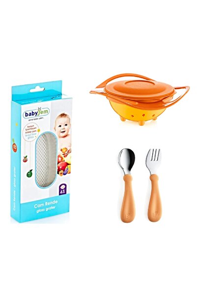 Babyjem Cam Rende + Dökülmeyen Tabak Turuncu + Paslanmaz Çelik Çatal Kaşık Seti Somon