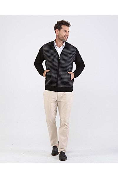 Çizgi Triko Men's Knitwear Black Jacket with Zippered Pocket Detail Patterned Arm and Waist Elastic Steel Knit