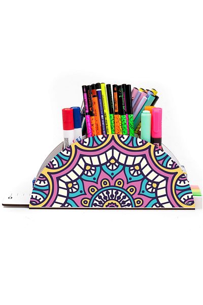 kutuTR Wooden Vip Pattern Series Rainbow Ruled Desktop Pen Holder Organizer with Assembled Box