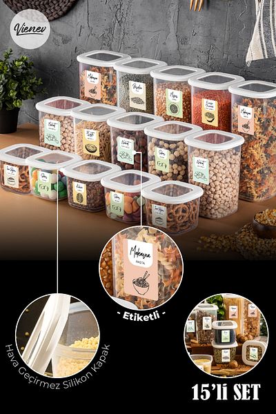 Vienev Square Food Storage Container with Colorful Label Set of 15 5x (0.55 Liters, 1.2 Liters, 1.75 Liters) White