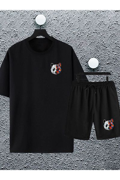 Joza Outdoors Unisex Women Men Panda Printed Black Design Summer Shorts Oversize Tshirt 2 Piece Set