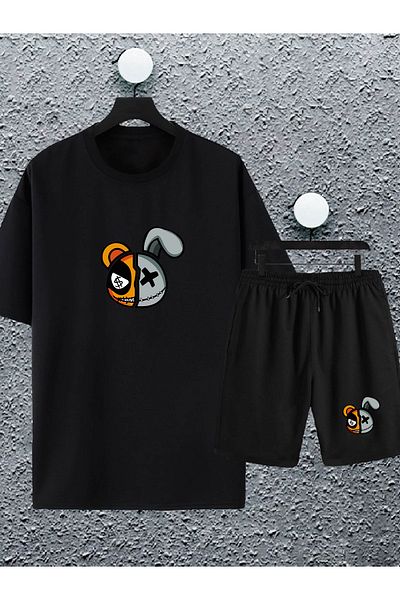 Joza Outdoors Unisex Women Men Bear Rabbit Printed Black White Design Summer Shorts Oversize Tshirt 2 Piece Set