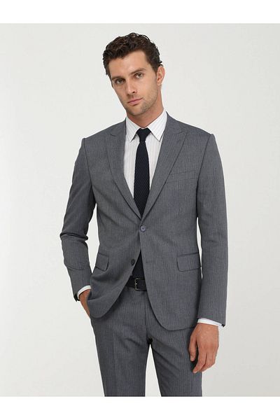 Kip Indigo Patterned Double Slit Mono Collar Regular Fit 4 Drop Suit
