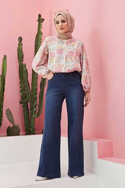 Neways 1067-denim Bol Paça Pantolon Koyu Mavi