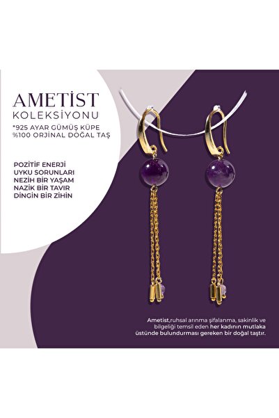 OSMANLI DOĞAL TAŞ Sertifikalı Ametist Doğal Taşlı Zincir Detaylı Gümüş Küpe
