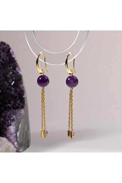 OSMANLI DOĞAL TAŞ Sertifikalı Ametist Doğal Taşlı Zincir Detaylı Gümüş Küpe