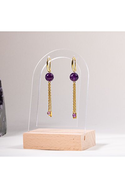 OSMANLI DOĞAL TAŞ Sertifikalı Ametist Doğal Taşlı Zincir Detaylı Gümüş Küpe