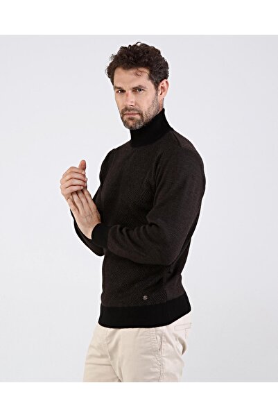 Çizgi Triko Ανδρικό πλεκτό με πλήρες ζιβάγκο Μαύρο πουλόβερ με μοτίβο μανίκι και μέση ελαστικό ατσάλινο πλεκτό κλασικό