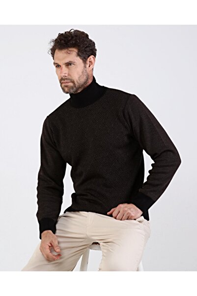 Çizgi Triko Ανδρικό πλεκτό με πλήρες ζιβάγκο Μαύρο πουλόβερ με μοτίβο μανίκι και μέση ελαστικό ατσάλινο πλεκτό κλασικό