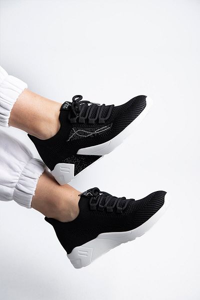 Guja Original Women's Breathable Stonehole Knitwear Slip On High Inner Heel Stylish Black Sneakers