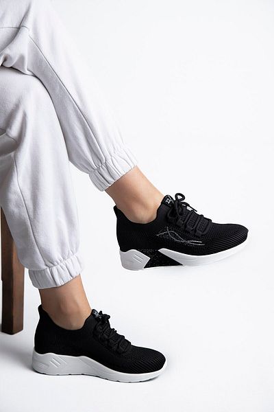 Guja Original Women's Breathable Stonehole Knitwear Slip On High Inner Heel Stylish Black Sneakers