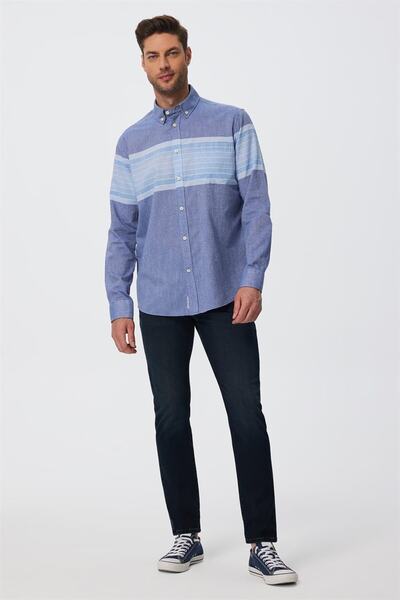 Lee Cooper Мъжка тъкана риза Carlo Синьо-бяла
