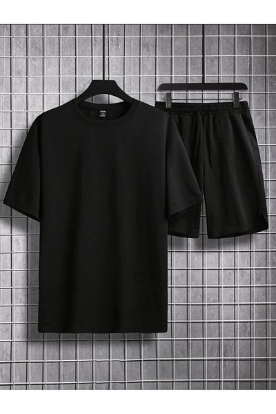 Josette Unisex Black Plain Unprinted Bottom Top Shorts T-shirt Set