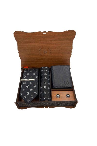 Brianze Drop Pattern Tie Handkerchief, Cufflink, Tie Pin and Wallet Gift Set