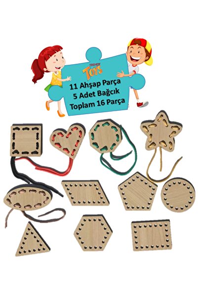 Trendy Toys Eğitici Ahşap Şekiller Ip Geçirme Montessori El Kası Geliştirme