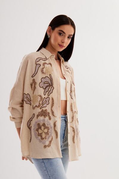 FEMELLE Damska koszula oversize z cekinami i haftem na nowy sezon (pasuje do rozmiaru 36-46)