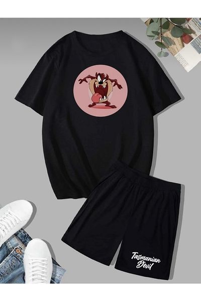 BYMEER Black Tasmanian Printed Bottom Top Shorts T-shirt Suit Combination