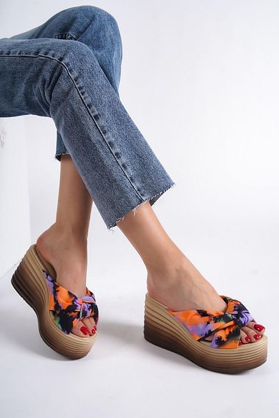 Modabuymus Papuci de damă cu toc cu pană cu platformă Batik portocaliu ascuțit