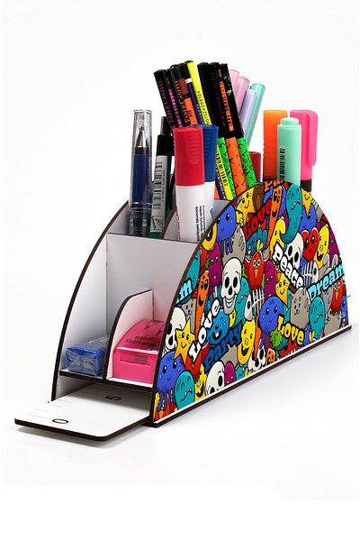 kutuTR Wooden Vip Student Series Rainbow Ruled Desktop Pen Holder Organizer with Assembled Box