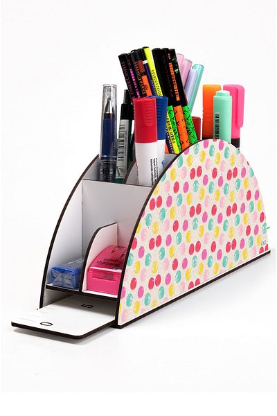 kutuTR Wooden Vip Student Series Rainbow Ruled Desktop Pen Holder Organizer with Assembled Box