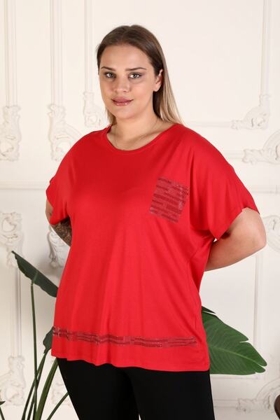 xlargebutik Plus Size Women's Clothing Full Flexible Red Viscose Combed Cotton Blouse